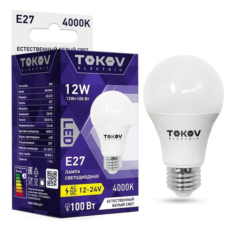 Изображение товара Лампа светодиодная Tokov Electric TKE-A60-E27-12-4K-12/24 12Вт 4000К