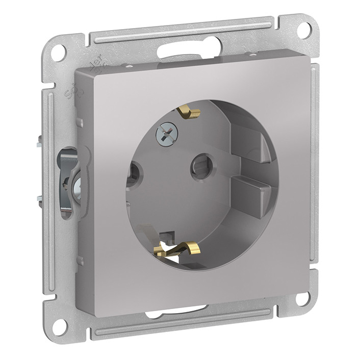 Изображение товара Механизм розетки Schneider Electric AtlasDesign ATN000345 одноместный с заземлением и защитными шторками алюминий