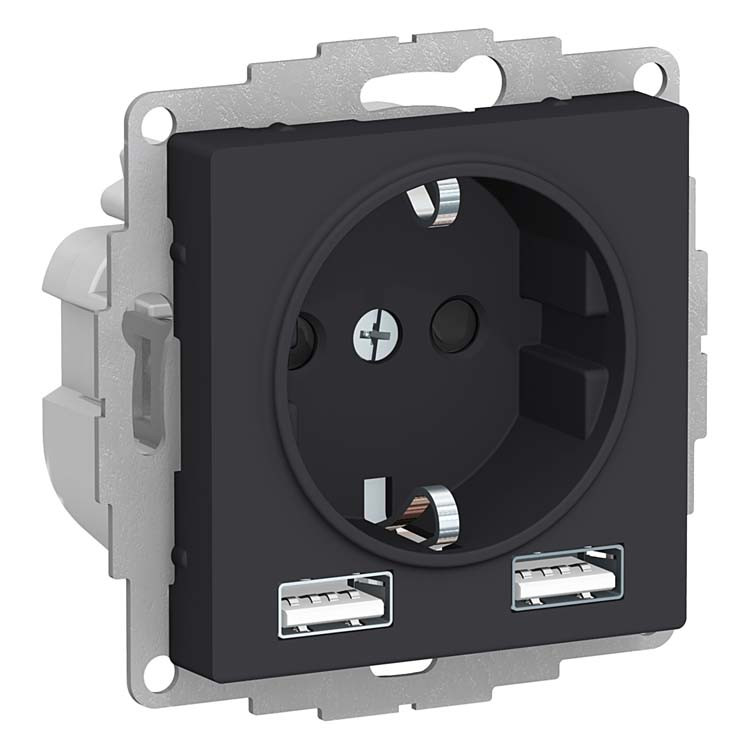 Изображение товара Механизм розетки Schneider Electric AtlasDesign с USB и заземлением, карбон