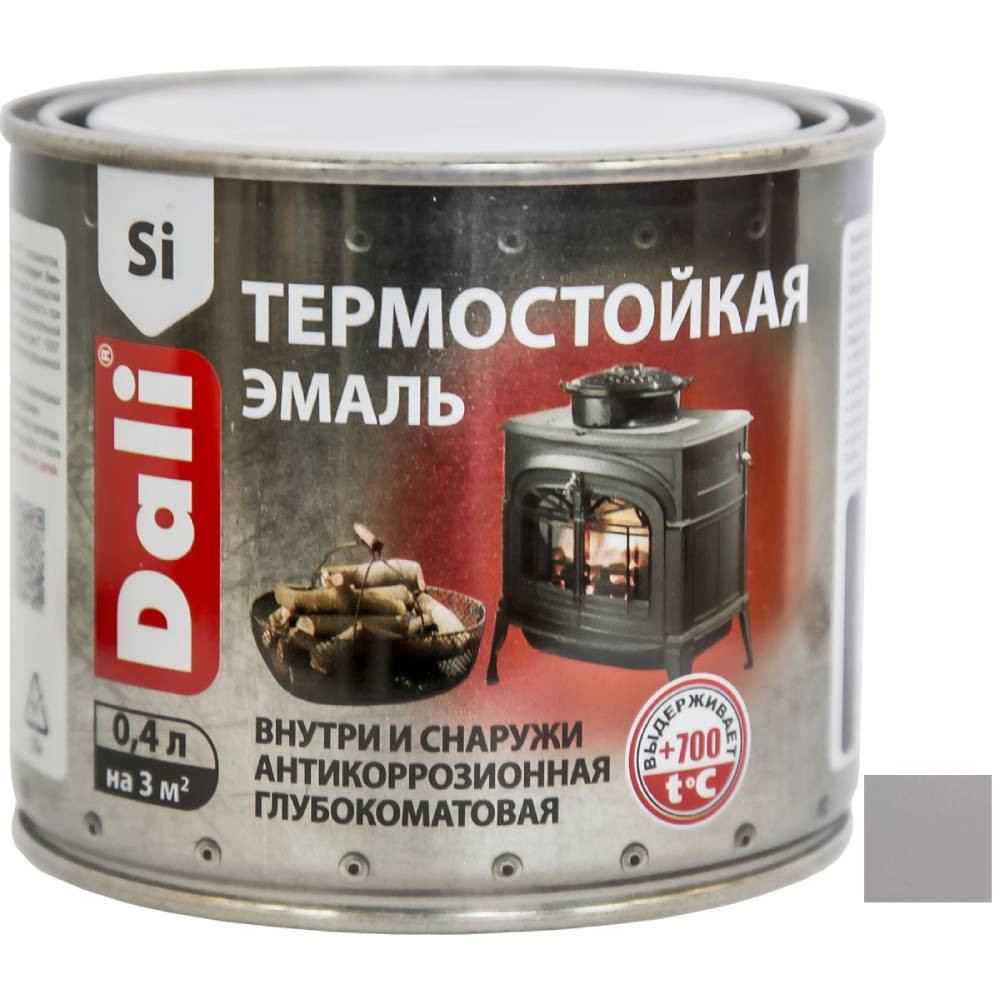 Изображение товара Эмаль термостойкая кремнийорганическая Dali 80207 антикоррозионная матовая серебряная 0,4 л