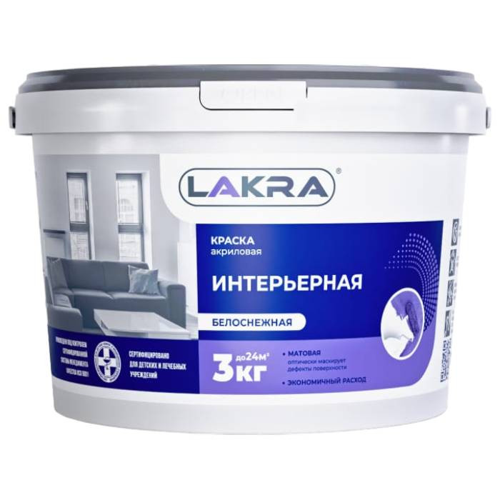 Изображение товара Краска Лакра Белоснежная Интерьерная Акриловая 3 кг