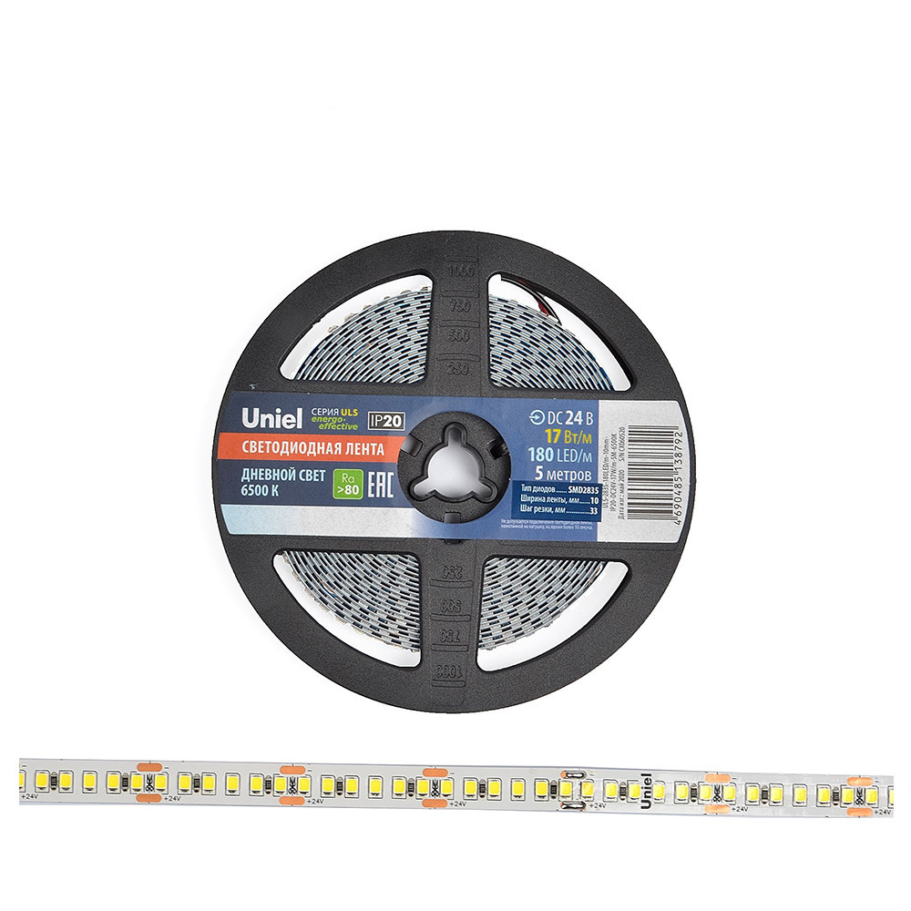 Изображение товара Лента светодиодная Uniel ULS-2835-180LED/m-10mm-IP20-DC24V-17W/m-5M-6500K 180 шт/м 5 м